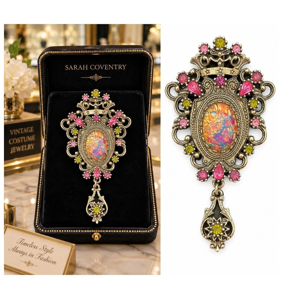 Vintage Sarah Coventry Dragon's Breath Cabochon Gold Brooch Pendant Gold Tone